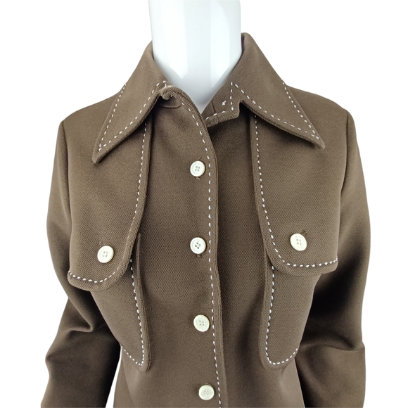 ACT lll Vintage Shirt Jacket Polyester Brown & Whote Button Cuff Small - Picture 2 of 13